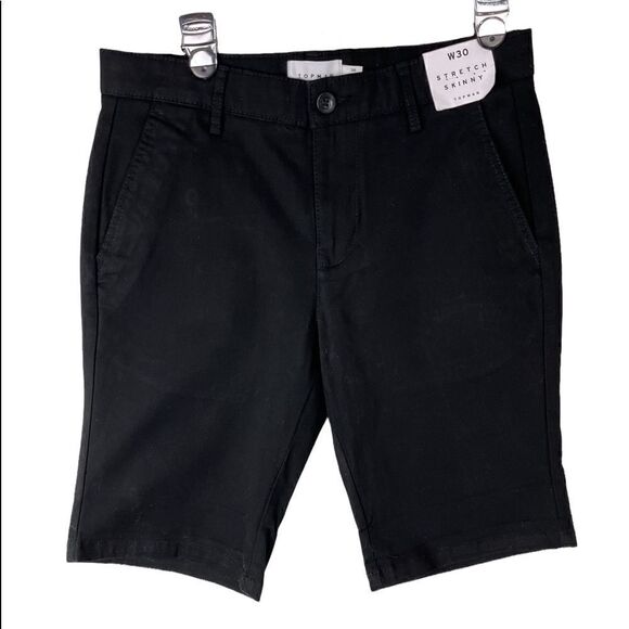 NWT Black Flat Front Men’s Topshop “Stretch Skinny” Shorts Size 30 - Picture 1 of 11